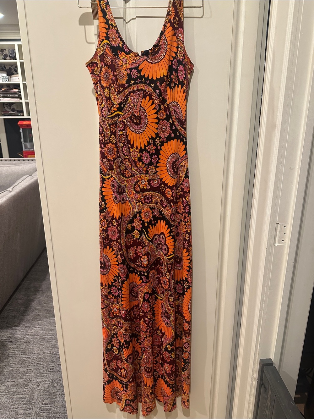Groovy Glam Orange and Black Paisley Maxi Dress